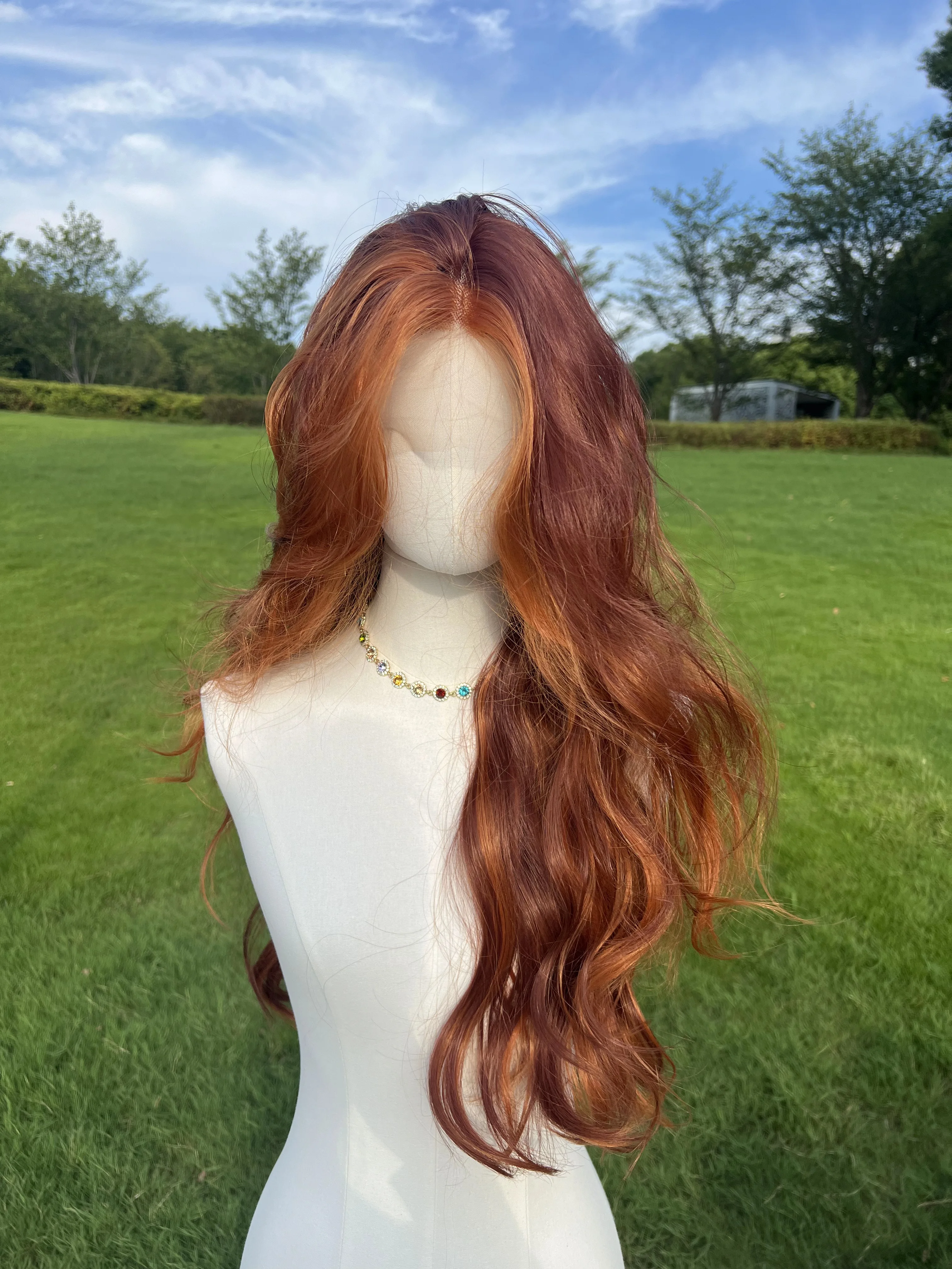 Women\'s Simulated Wig Lace Natural Fluffy Wavy Long Curly Hair Brown Red Orange Highlight Dyed High-Temperature Silk