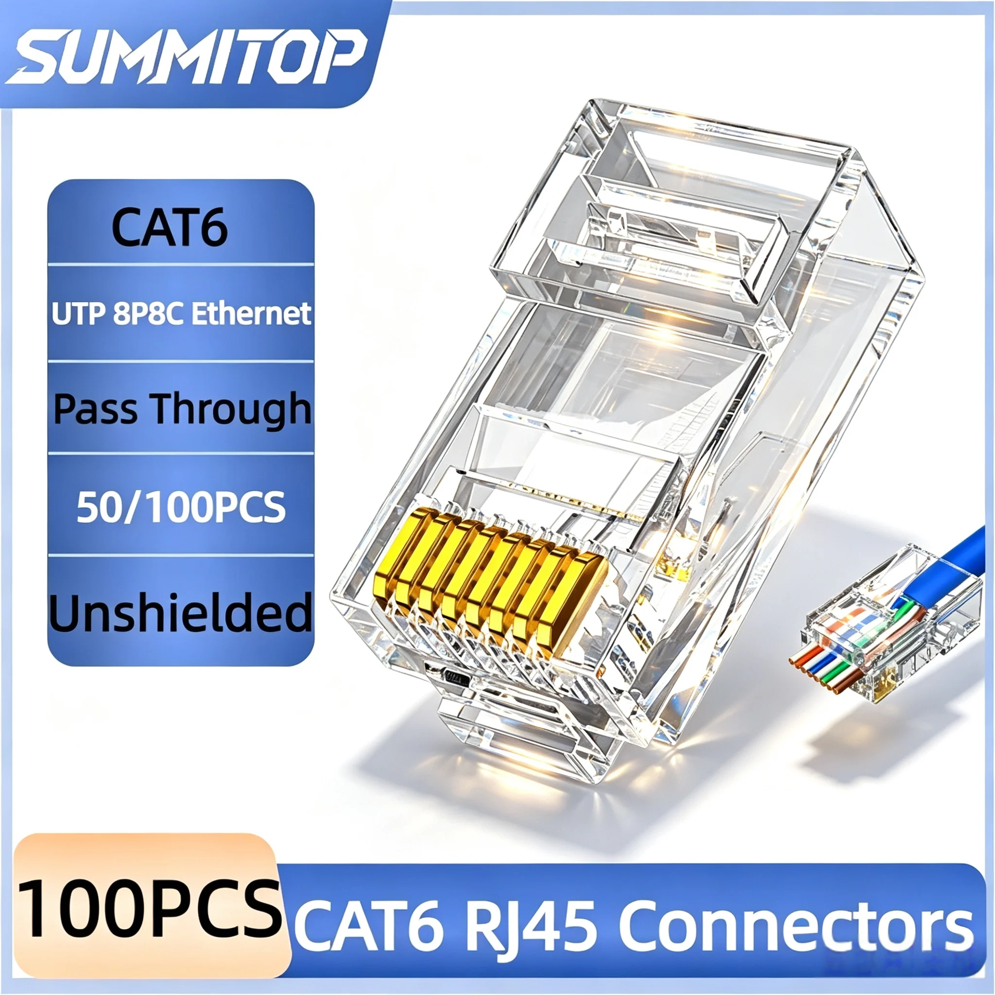 SUMMITOP 50/100PCS RJ45 Connector CAT6 Pass Through Connectors Crystal End Gold-Plated 8P8C Crimp UTP Standard Ethernet Network