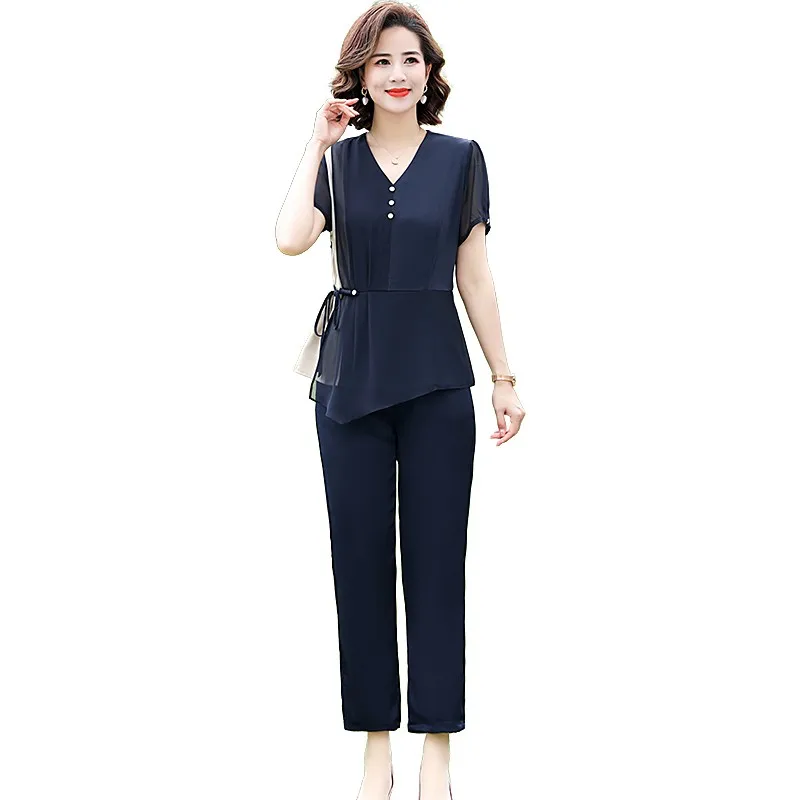 Spring Summer Elegant 2 Piece Pant Sets Women V-neck Tops & Pants Outfits Fashion splicing Workwear Pant Set