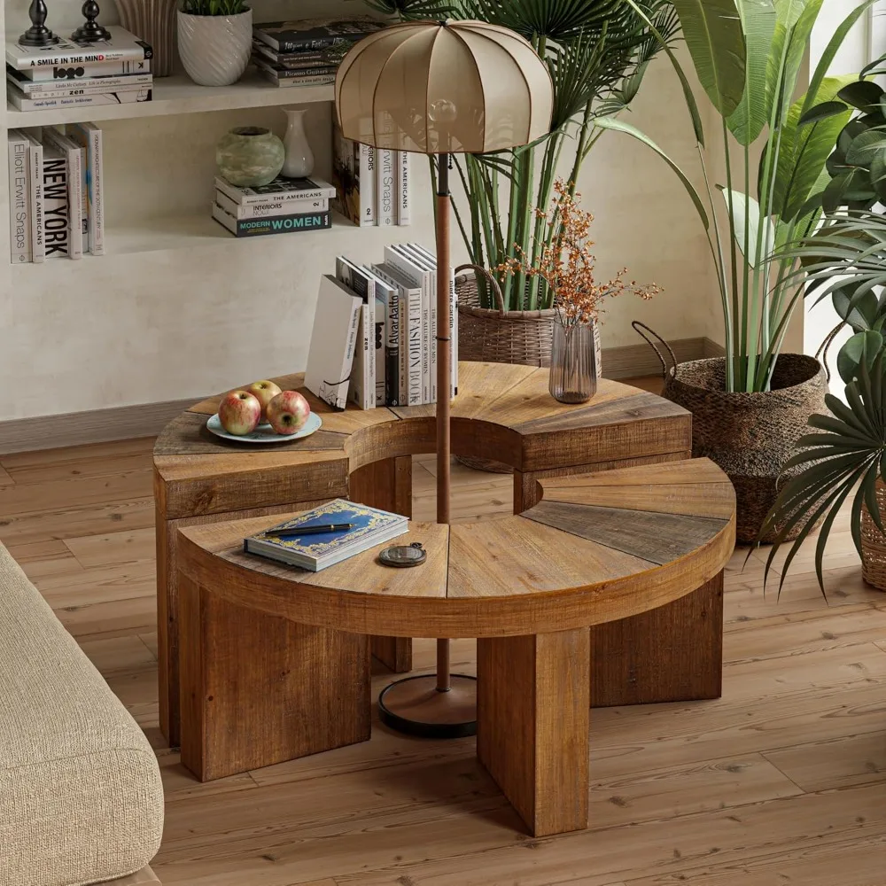 

Rustic Round Coffee Table Set with Semi-Circular Design for Living Room