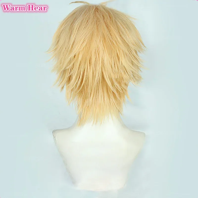 Denji Cosplay Wig Men short 30cm golden cosplay hair with tooth heat resistant hair Halloween party role play wigs a wig cap