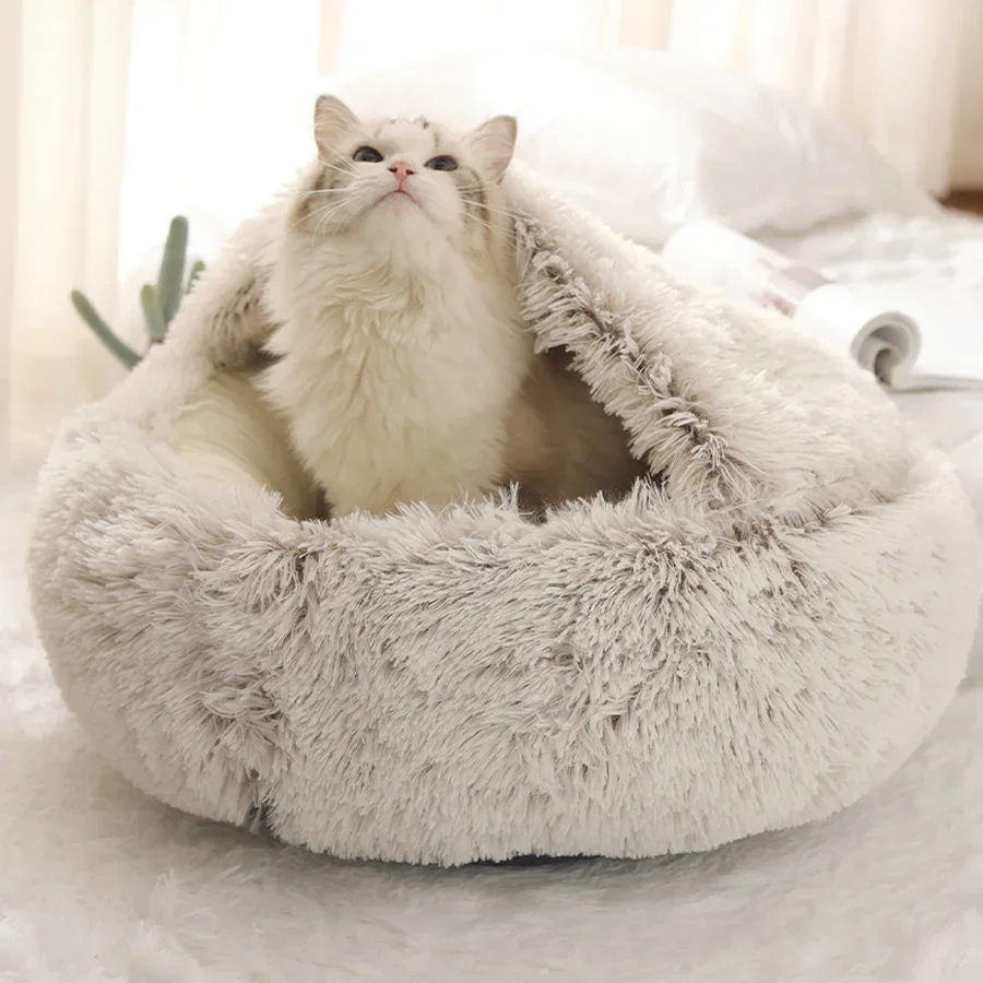 1pc Crystal Velvet Warm Round Semi-Enclosed Pet Bed Suitable for Medium Small Cats and Dogs