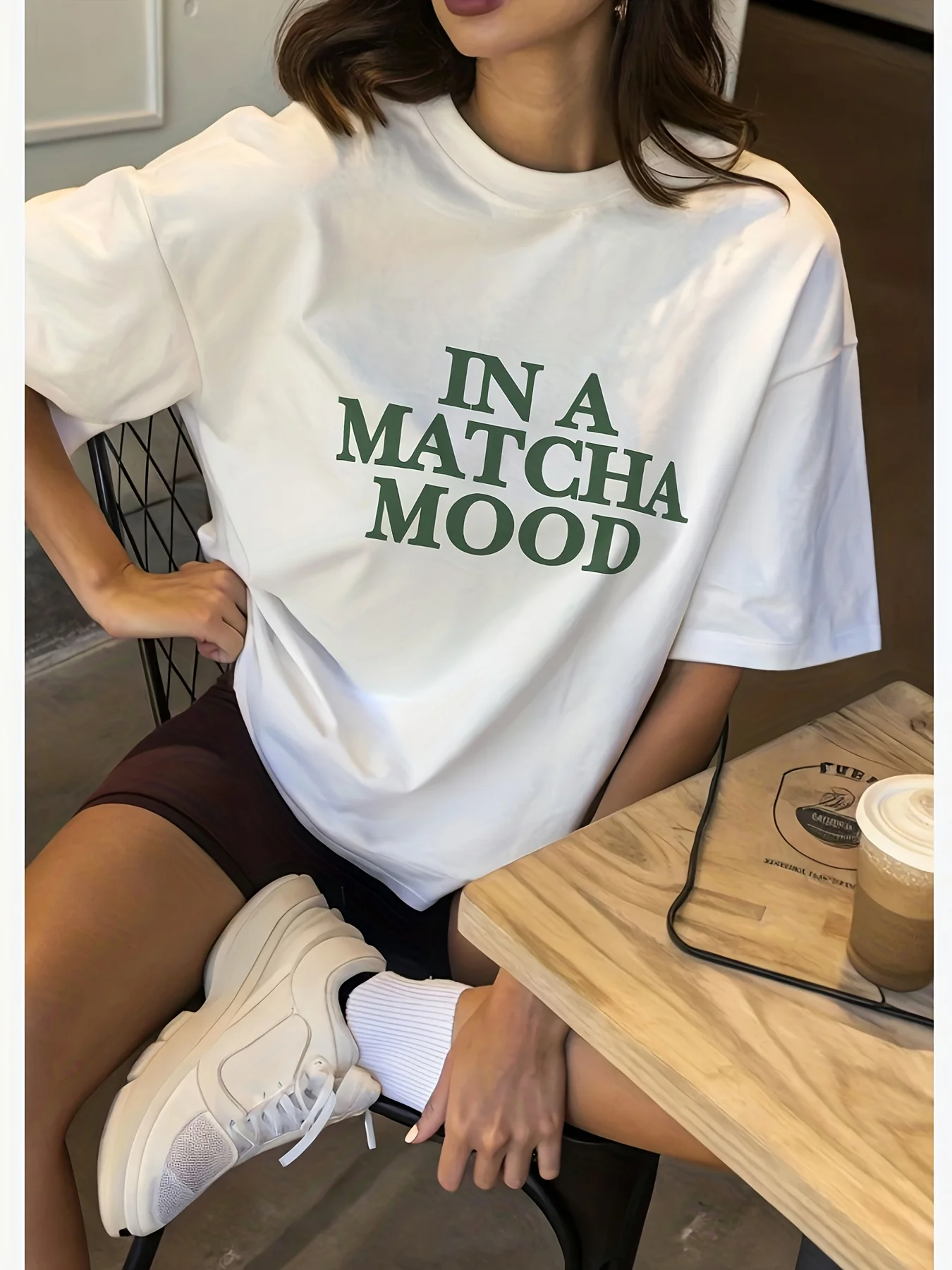 In A Matcha Mood T Shirt Women Aesthetic Letter Print Tee Cute Green Graphic Casual Oversized Short Sleeve Summer White Tops
