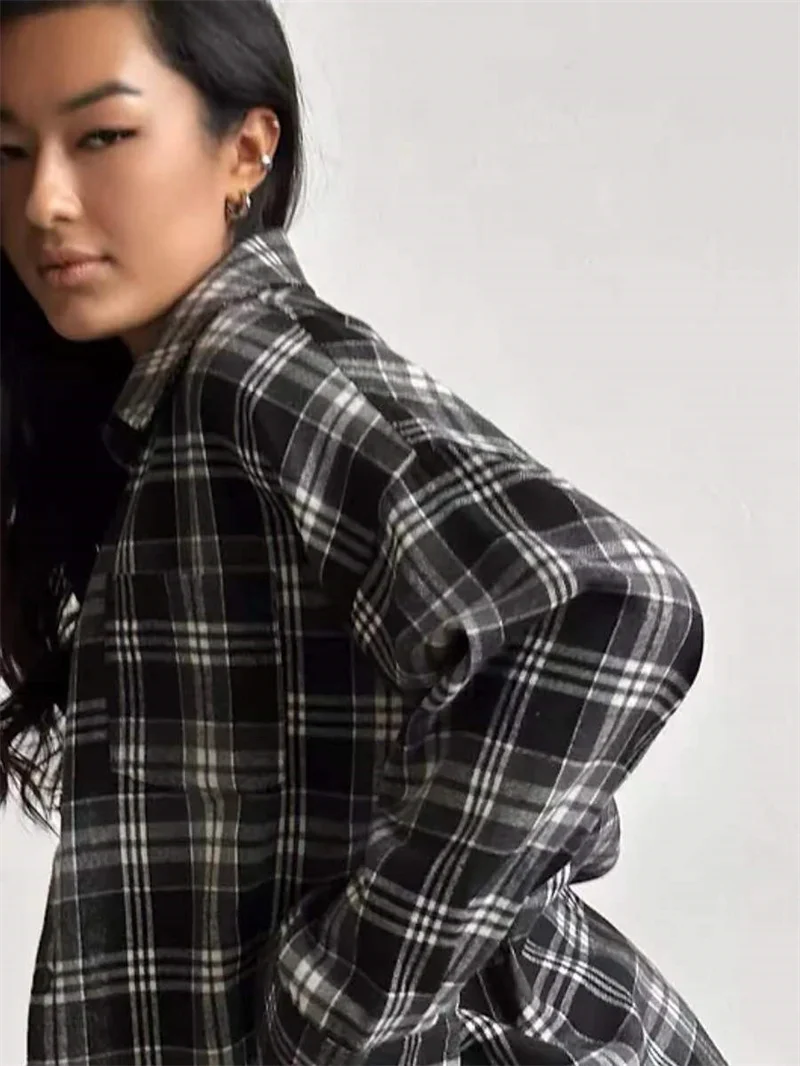 Vintage Karierte Bluse Damen Frühling Sommer Koreanischer Stil mit Taschen Langarm Revers-Hemd Mode Streetwear Y2K Kleidung 2026 Übergroße Oberteile – Detail 14