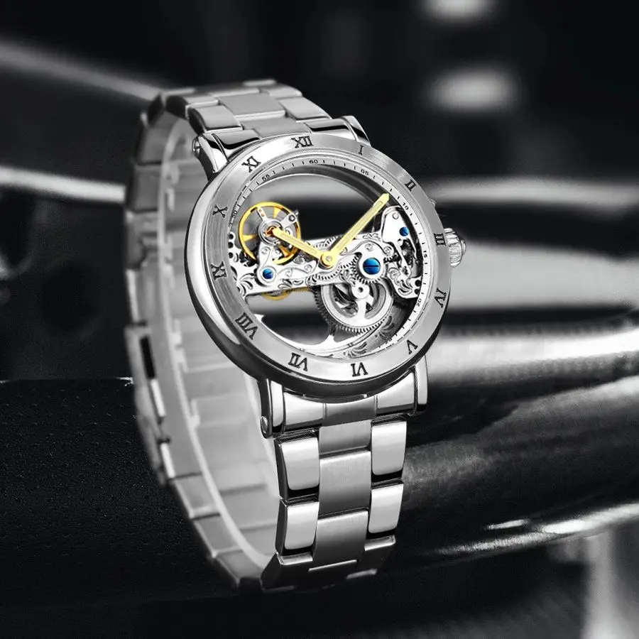 ساعة Forsining ريترو الذهبية الميكانيكية للرجال مضيئة الأيدي الجلدية الصلب حزام الأعمال التلقائية ساعات رجالي أفضل العلامات التجارية الهدايا