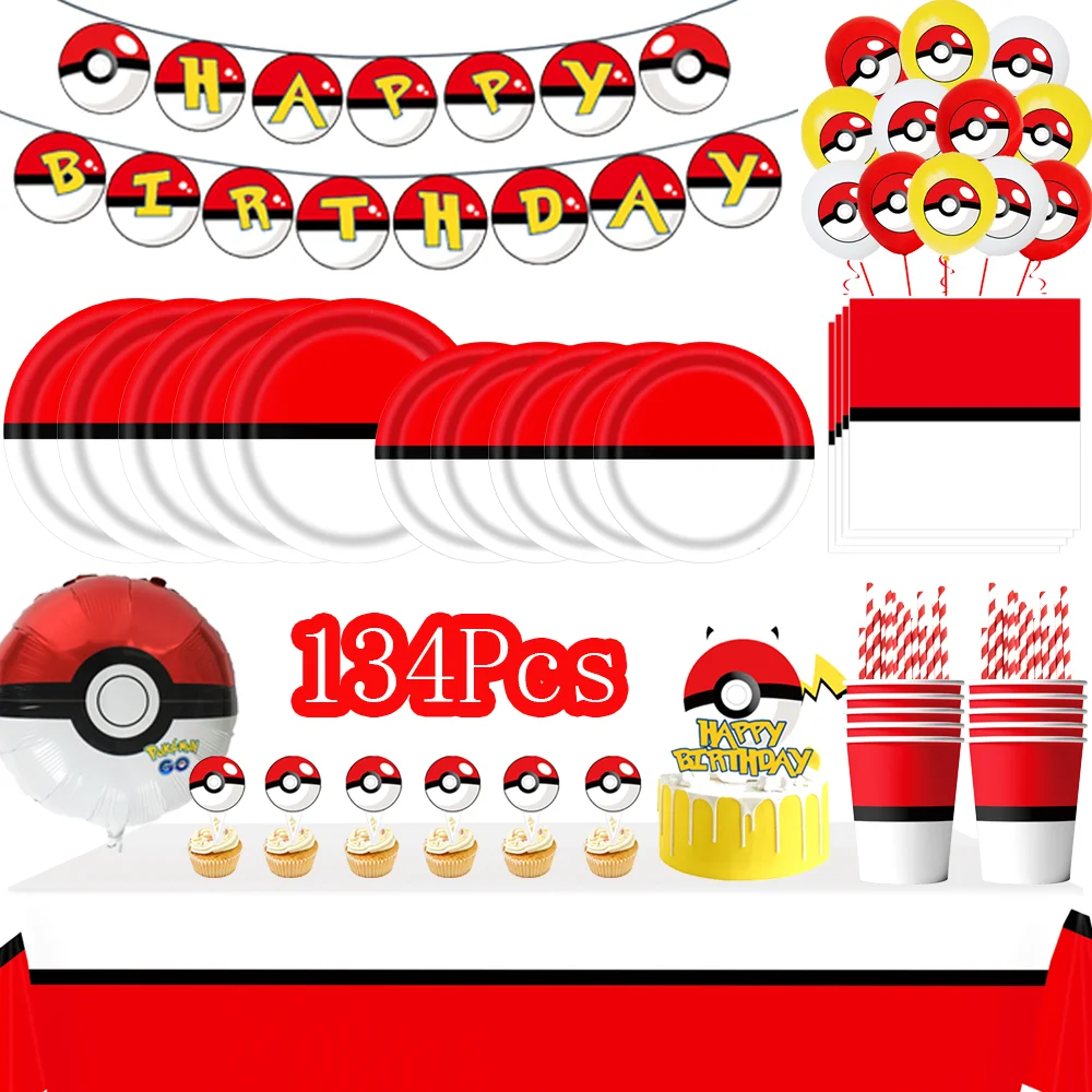 

Горячие украшения для дня рождения на тему покемонов, набор посуды, воздушные шары, чашки, тарелки, баннер, Пикачу для девочек, принадлежности для детского душа