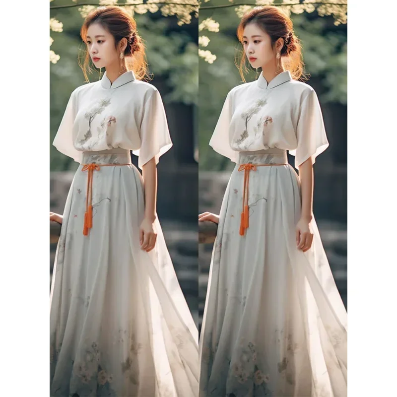 

Song Dynasty Modern White Stand Collar Printed Short sleeved Hanfu Dresses 2pcs Women 2023 Summer Elegant Loose Zen Tea Dress