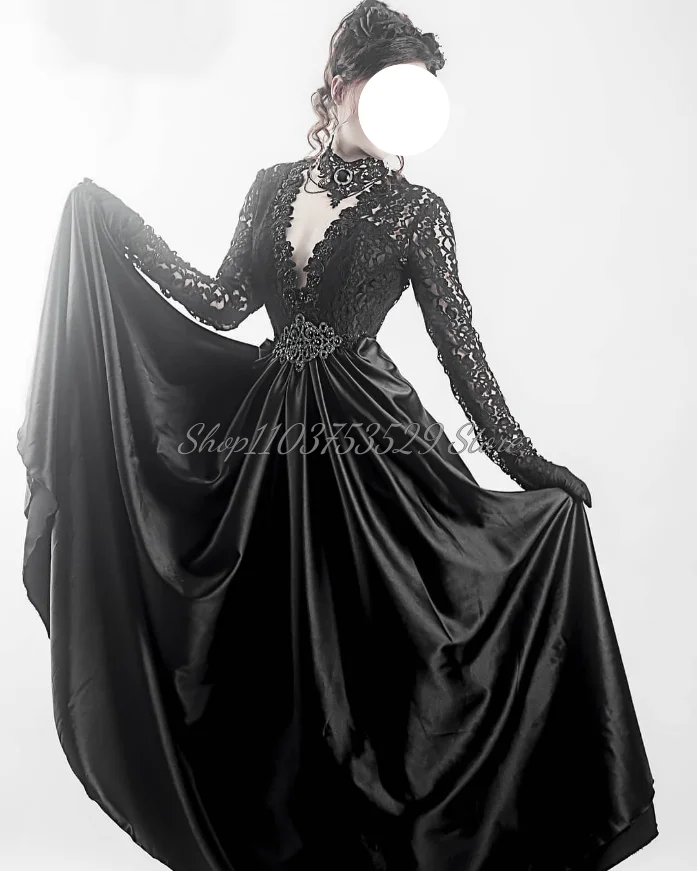 

Classic Black Victorian Prom Dress Sexy V Neck Sheer Lace Long Sleeve Glitter Beaded A-line Taffeta Tie Gothic Customised