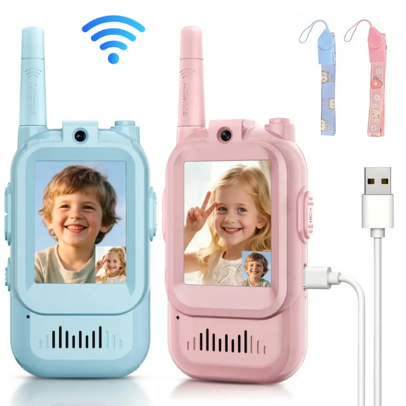 子供用ビデオウォーキートーキー-2個パック-充電式幼児用おもちゃ-室内キャンプ旅行用-3～12歳のお子様への誕生日プレゼント