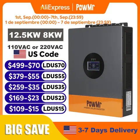PowMr 12.5KW 8KW Split Phase Inverter 110V or 220V Hybrid Solar Inverter 48V Dual Output Off Grid Inverter with MPPT 200A 120A Solar Battery Charger Parallel Up to 6 Units