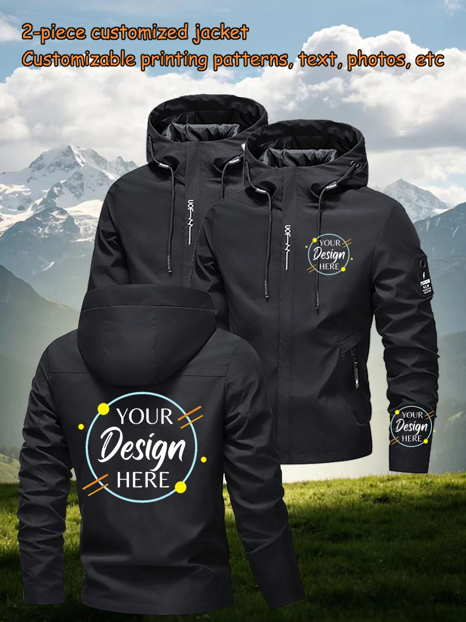 Men's jacket (2PCS), customizable men's hooded jacket, can upload patterns, text, photos for personalized jacket