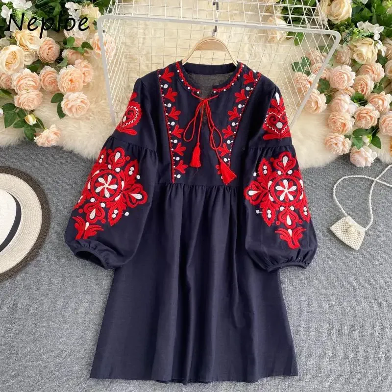 Neploe Bohemian Chic Flower Embroidery Lace Up Dress O-neck Elegant Femme Vestidos 2024 Fashion New Panelled Dresses Women