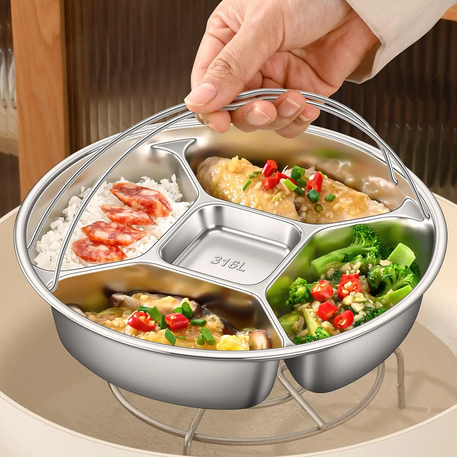 

Divided Snack Plate Stainless Steel Steaming Platter With Handle Sectional Fruit Tray For Home Apartment Parties Family Nights