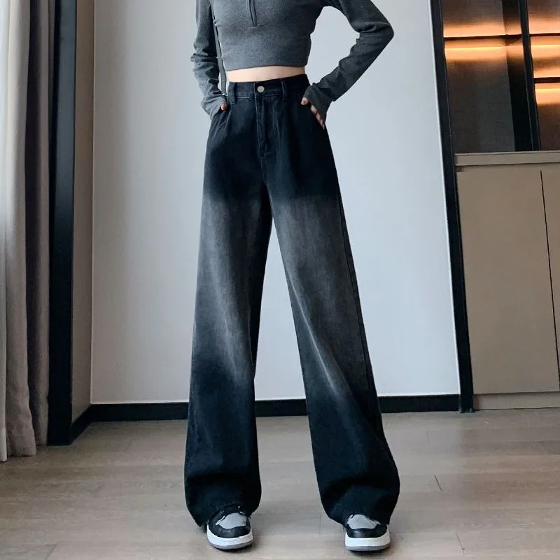 

2023 Women Black Denim Pants Loose Tight High Waist Straight Cylinder Wide Legs Student Oversize Jeans 80 To 200 Pounds Can Wear