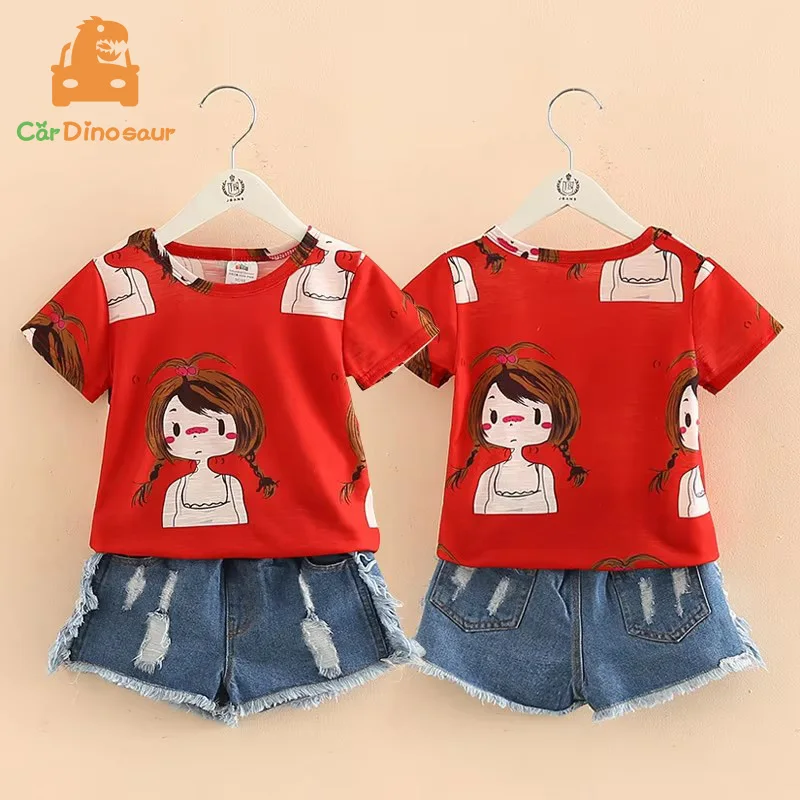 Summer 2 3 4 6 8 Years 90-130cm Children Red Cartoon O-neck Sleeveless T-Shirt+Denim Jeans Shorts 2 Pcs Kids Girls Clothing Set