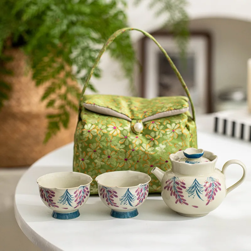 Hand-Painted Wisteria Travel Tea Set with Ash Glaze, One Pot and Two Cups, Portable Outdoor Ceramic Teapot and Tea Cup Set