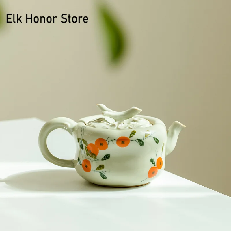 

150ml Pure Hand-painted Persimmon Ceramic Teapot Retro Grass Wood Ash Pot Creative Tea Brewing Kettle with Filter Kung Fu Teaset