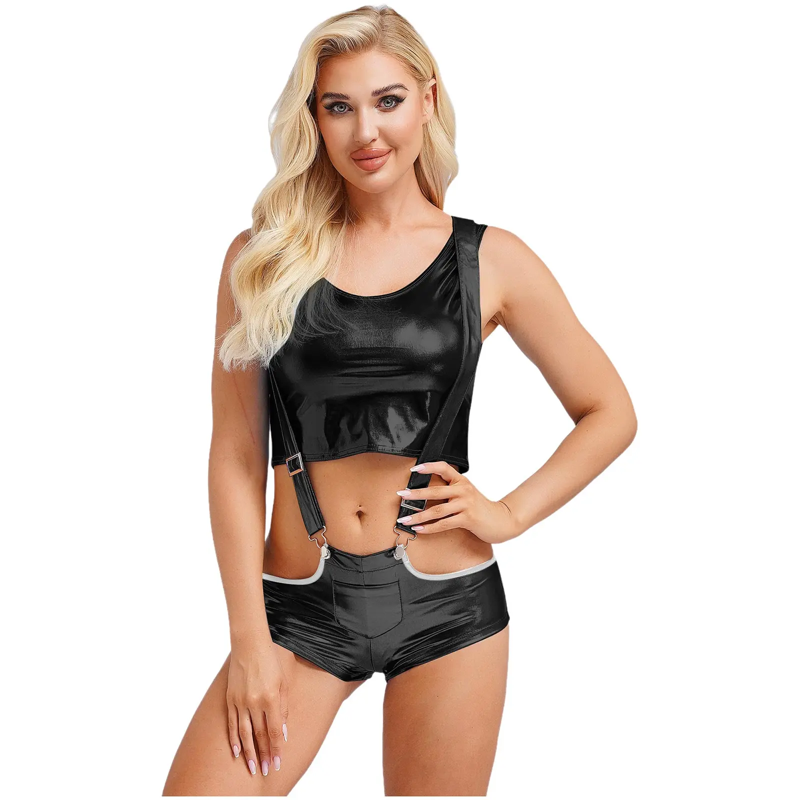 Women Shiny Metallic Mini Shorts Hot Pants Suspenders Shorts Fashion Lady Holographic Nightclub Rave Party Costume Club Wear