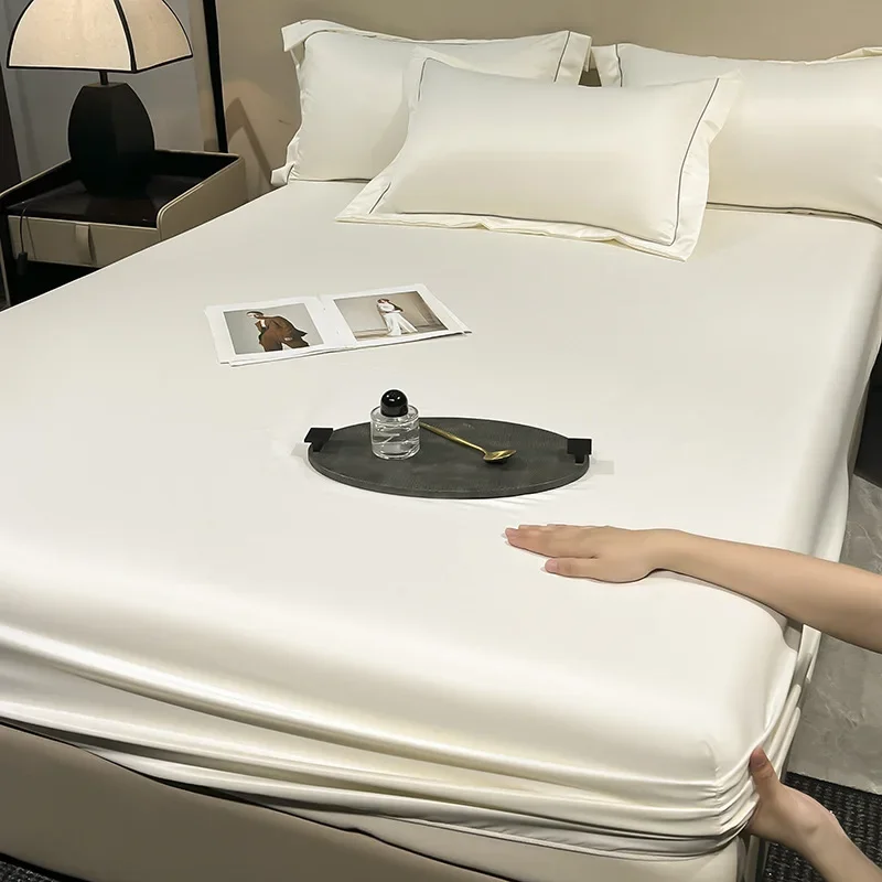 New Fuax Silk Satin Fitted Sheet Set High-End Solid Skin-Friendly Sheet Kit for Queen King Silky Cooling Bedclothes for Summer