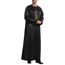 Muslim Round Neck Robe Men Arab Long Sleeve Dubai Saudi Kaftan Muslim Clothing Men Malaysian Solid Color Splicing Long Shirt