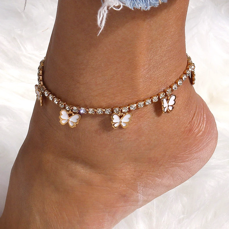 Aihua Kristall-Strass-Tenniskette Fußkettchen für Damen, niedliches Mini-Schmetterlings-Fußkettchen, Fußkettchen, Beinarmband, Strand-Schmuck – Detail 12