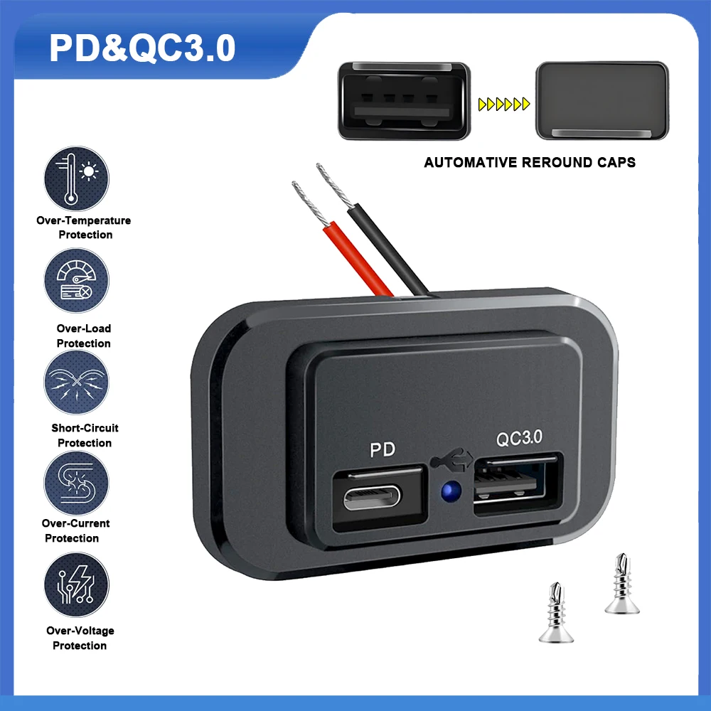 QC3.0 PD Autoladegerät Steckdose Netzteil Dual Ports Schnellladesteckdose Panel 12/24 V für Motorrad LKW Camper Caravan