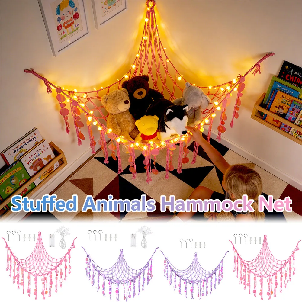 Stuffed Animals Hammock Net Large Capacity Plush Toy Storage Hammock with LED Light Kids Bedroom Decoration Corner Toy Organizer