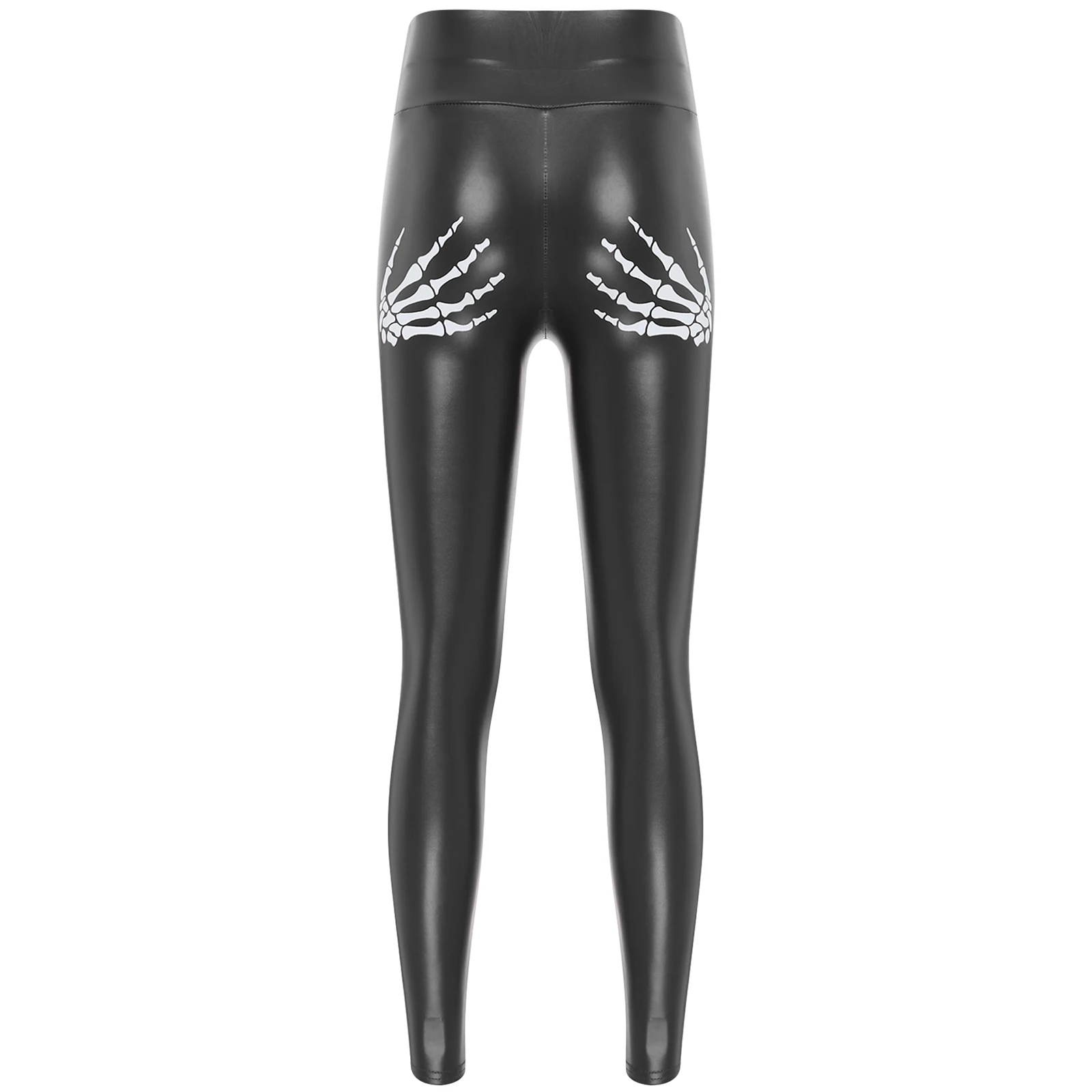 Womens High Waist Skeleton Hand Print Pants Faux Leather Stretchy Tights Leggings Disco Bar Clubwear Tummy Control Leather Pants