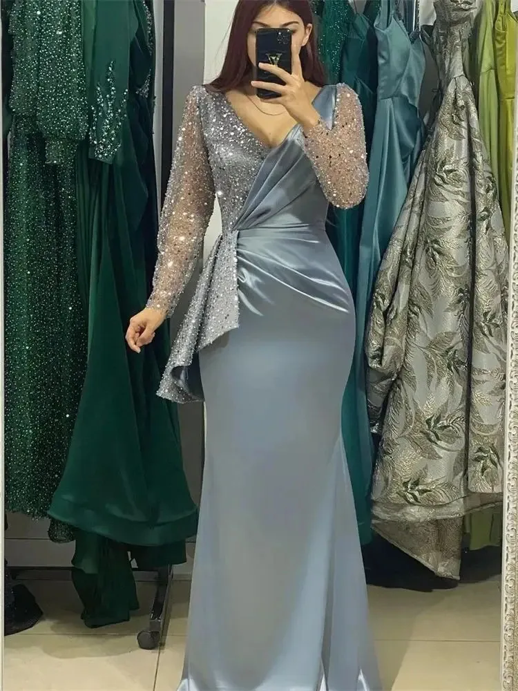 Elegant Satin V-Neck Long Sleeve Evening Dress Dubai Mermaid Sequin Beaded Prom Dress For Women فساتين مناسبة رسمية customized