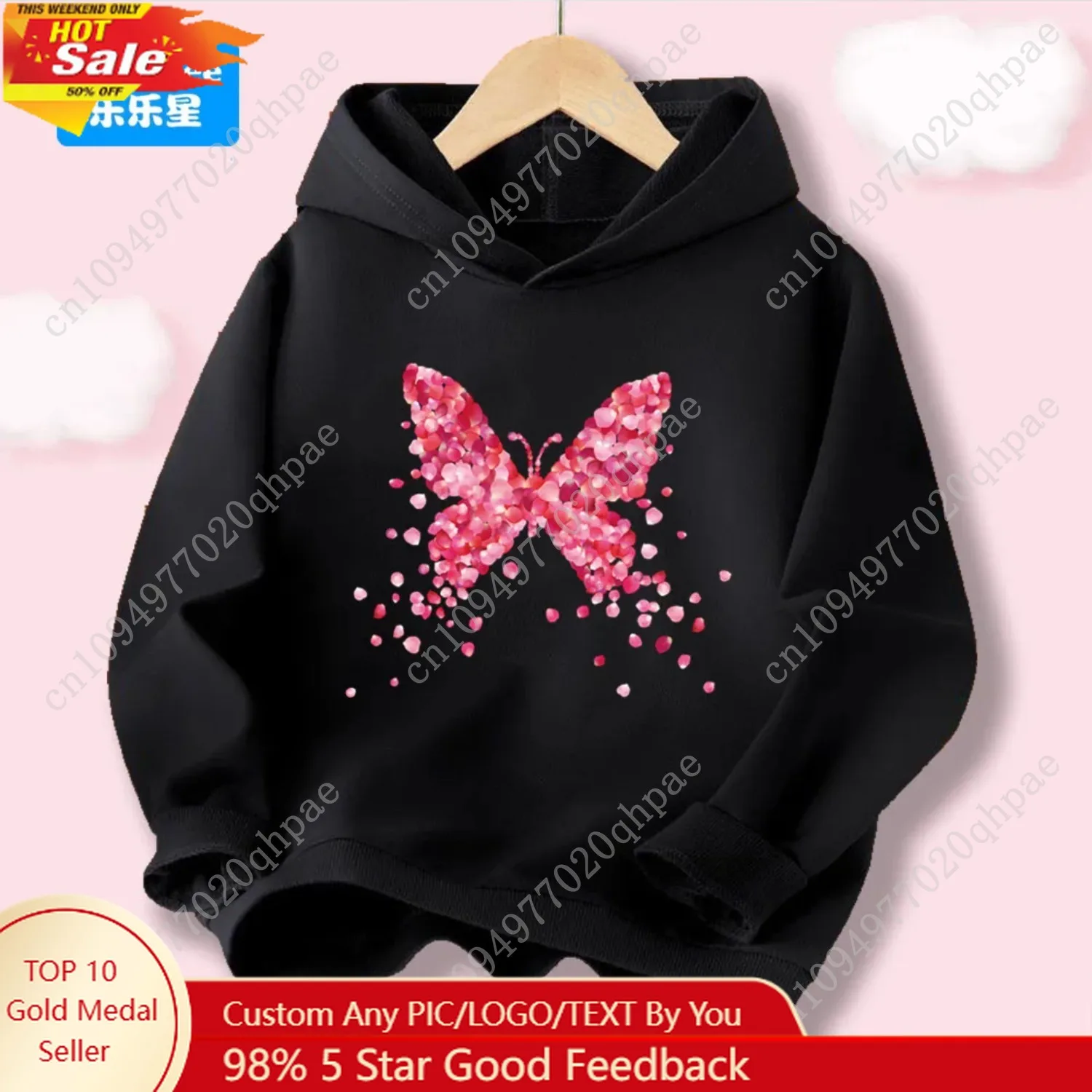 

New Fashionable Pink Petal Butterfly Hoodies for Girls Spring Autumn Hooded Sweatshirt, Soft Cotton Children's Top HDHB1