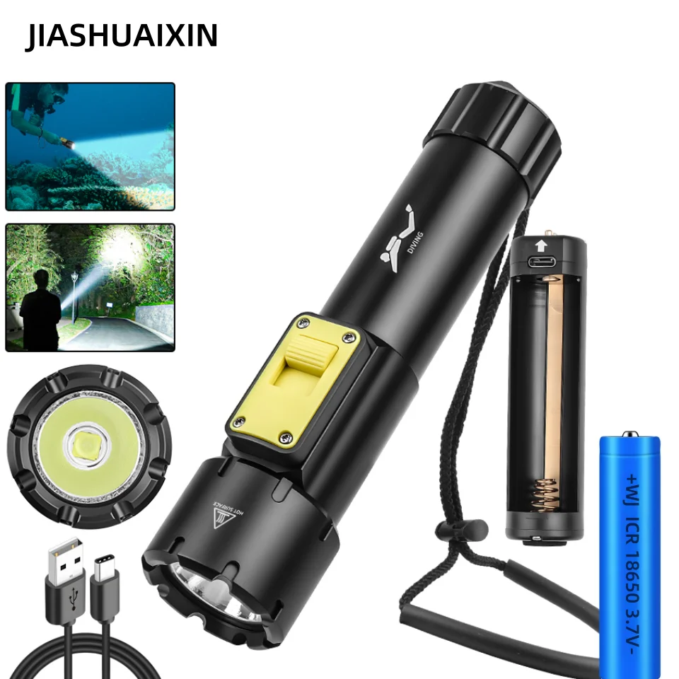 

JIASHUAIXIN D-611 фонарик для дайвинга 2000LM USB перезаряжаемый 50 м подводный IPX8 водонепроницаемый светильник для подводной ружья с аквалангом