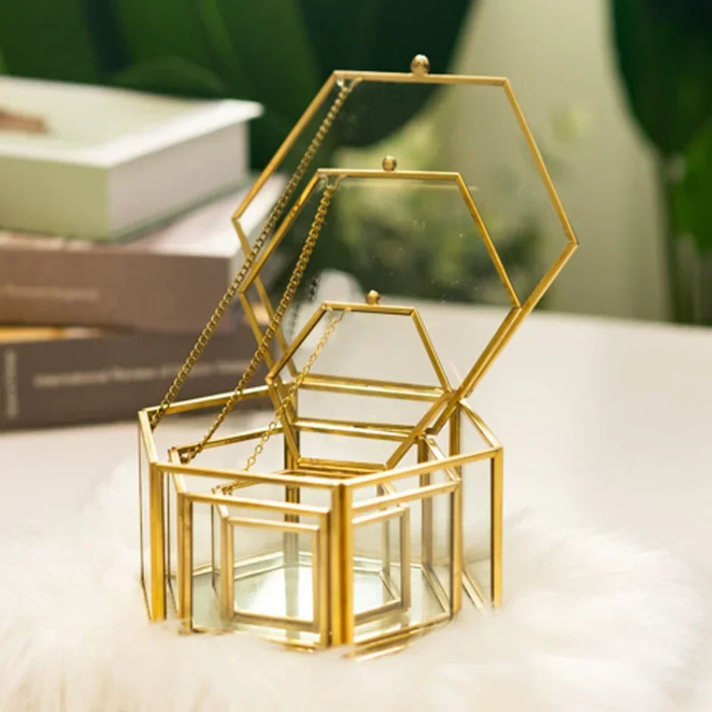 Hexagon Transparent Glass Ring Box Wedding Ring Box Geometric Clear Glass Jewelry Box Jewelry Organizer Holder Tabletop Containe