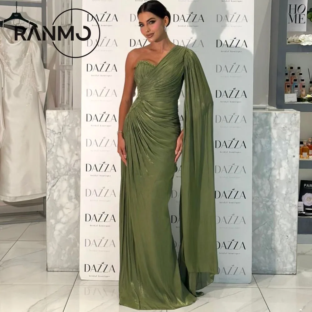 

Ranmo Customized One Shoulder Green Sleeveless Prom Dresses Vestidos De Fiesta Pleated Beadings Floor Length Evening Dresses
