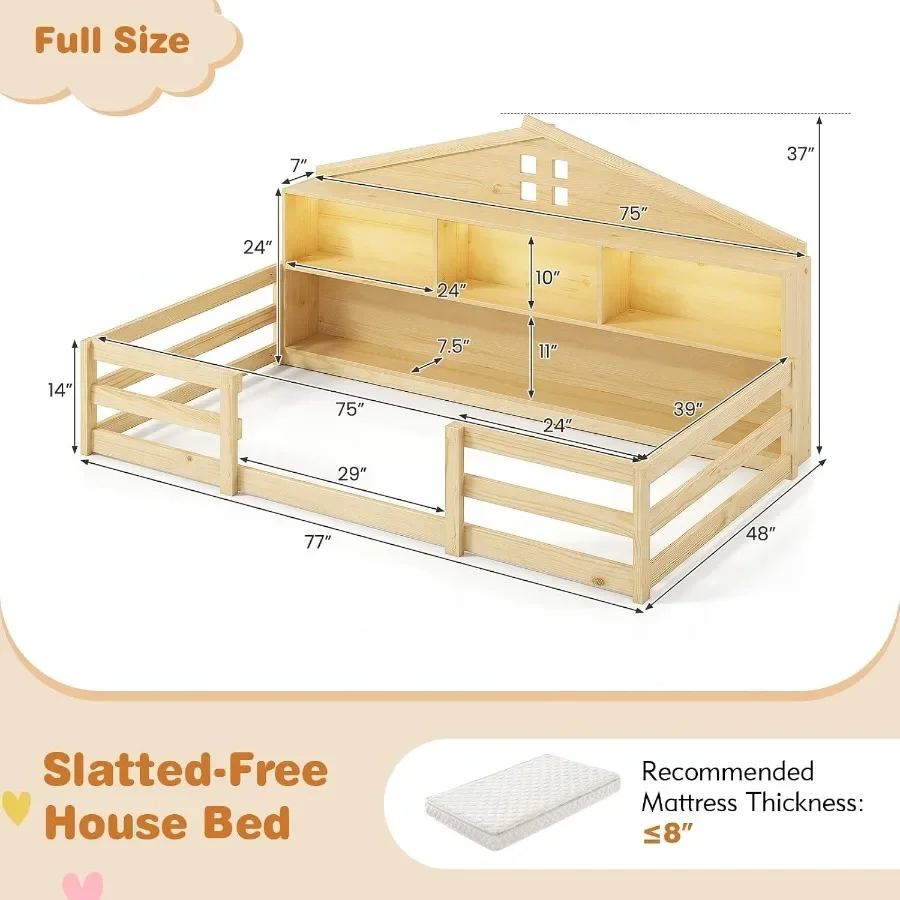 Montessori Floor Bed for Kids with LED Lights, 2-in-1 Frame Featuring Bedside Storage and Safety Guardrails, Pine Wood, Natural