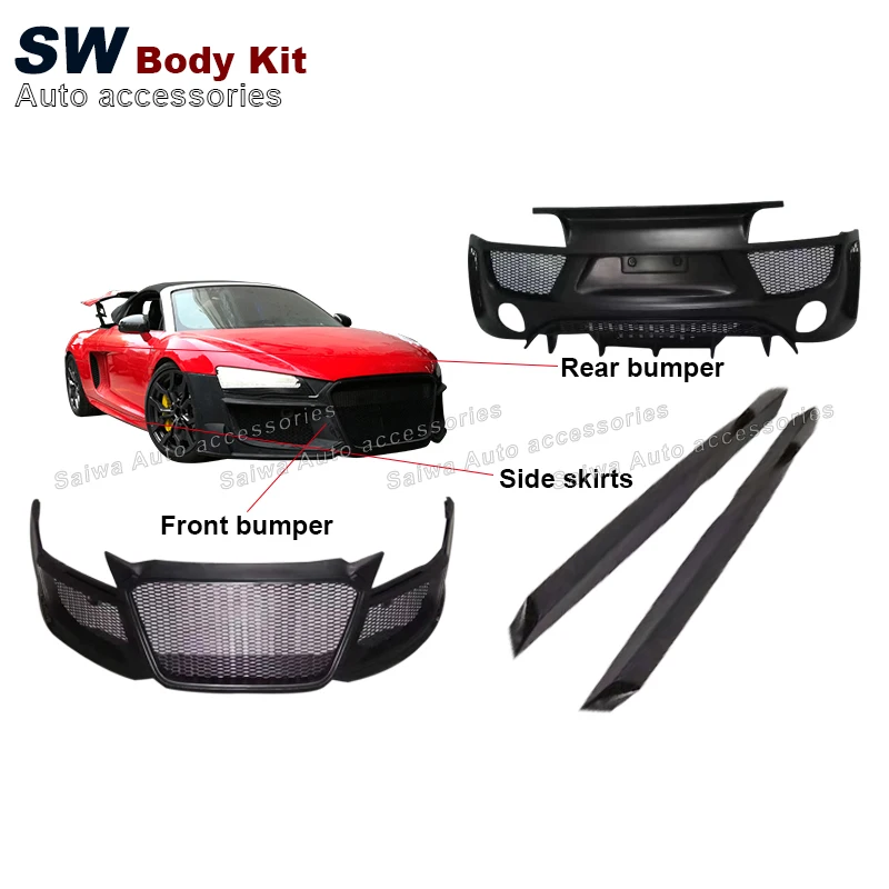 Glassfibe RG Style Body Kit Front Bumper Body Side Skirt Rear Bumper Diffuser for Audi R8 2008-2015 Perfect 1 Set R8 V10 2010 SW