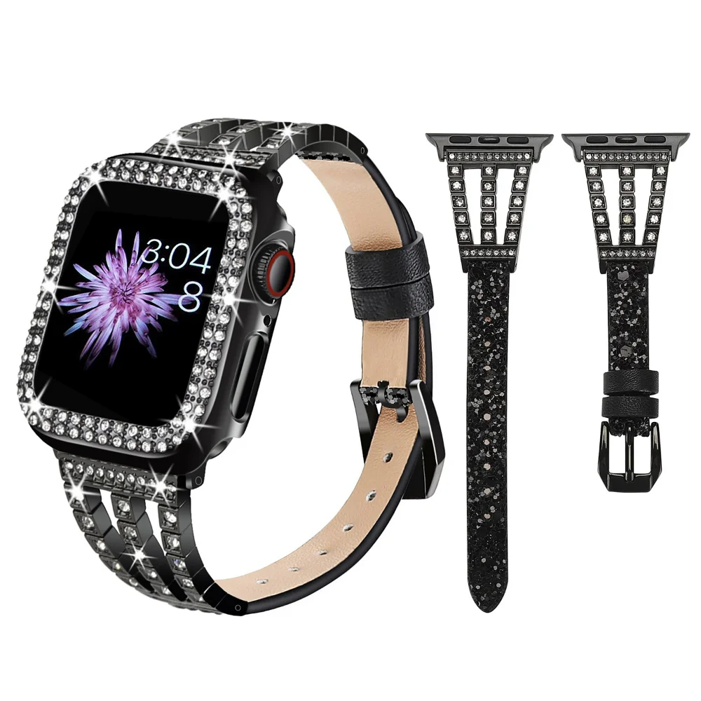 Leather Strap + Diamond Case for Apple Watch 49mm 45mm 41mm 44mm 40mm 42mm 38mm Bracelet Belt iWatch Series Ultra 8 7 SE 6 5 4 3
