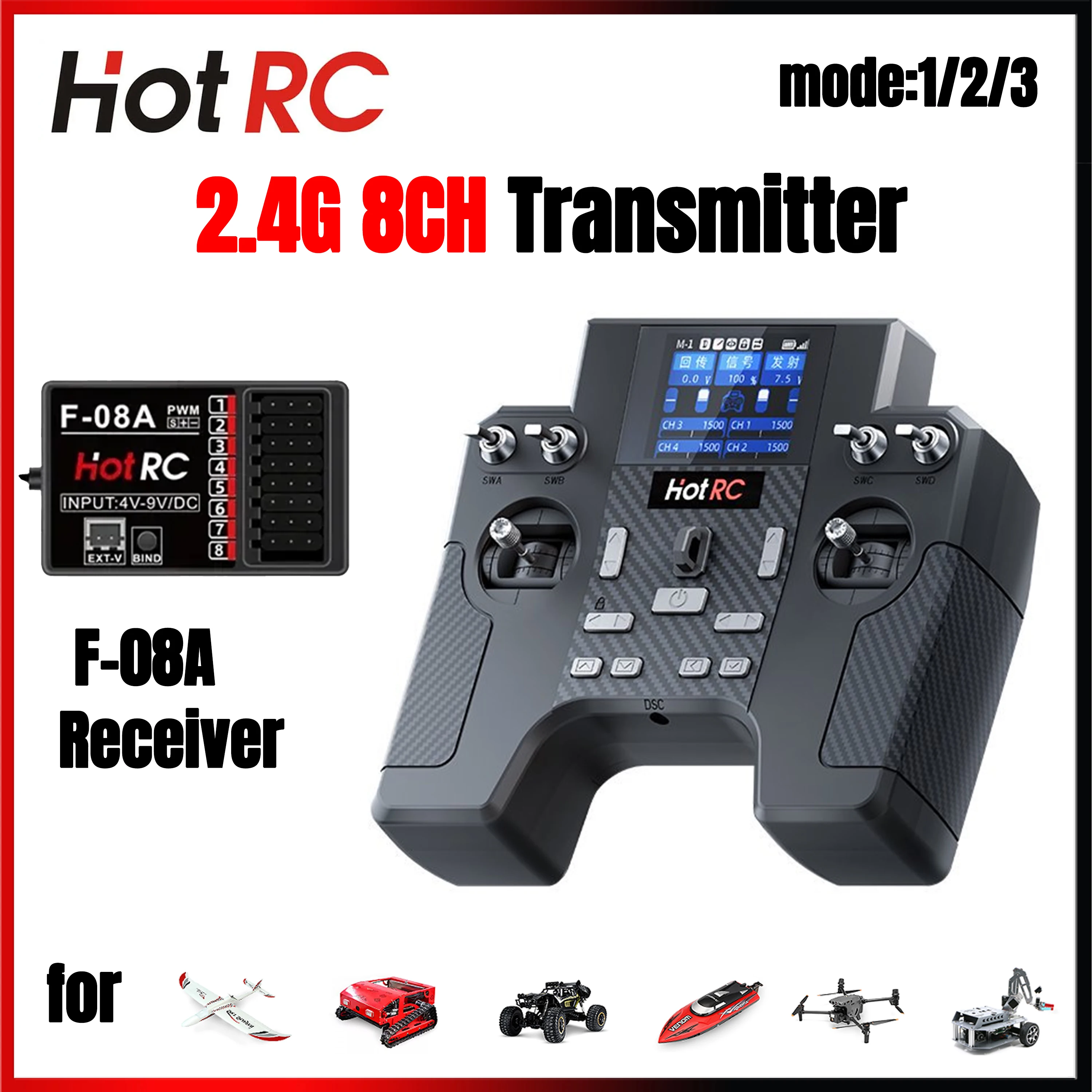 HOTRC HT-8A 2.4G 8 Channel Transmitter Receiver Kit Long Range Control for RC Car Helicopter Ship Tank Robot Accessories