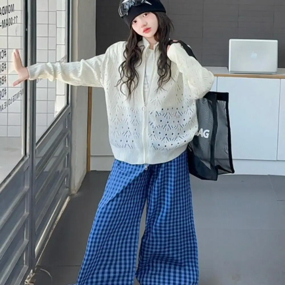 

Kawaii модный кардиган для девочек, футболка, комплект со штанами, студенческий осенний повседневный трикотаж, топы, длинные штаны, комплект из 3 предметов, детская одежда