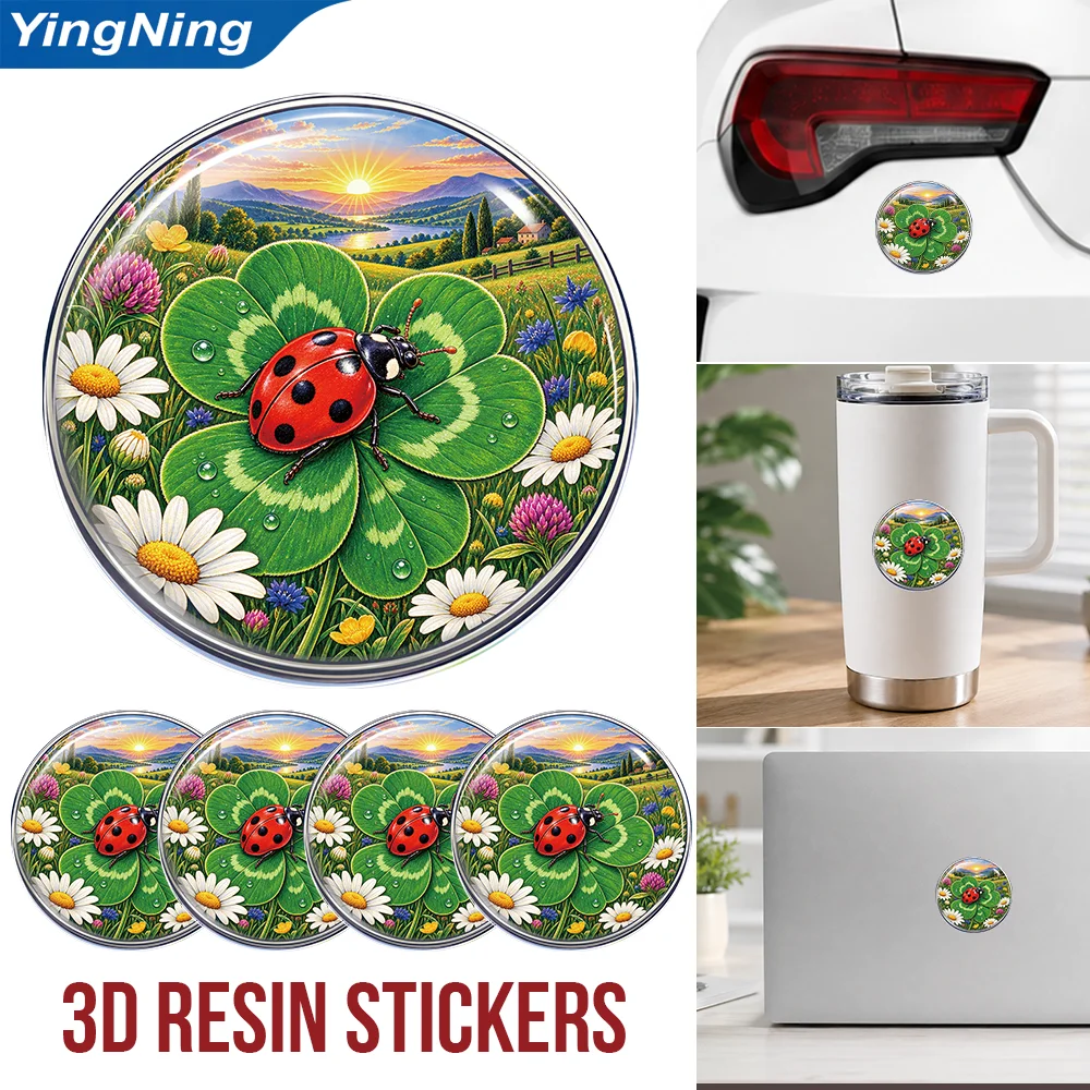 Ladybug Four Leaf Clover 3D Resin Domed Sticker Waterproof Self Adhesive Decal for Car Window Laptop Water Bottle Good Luck Gift