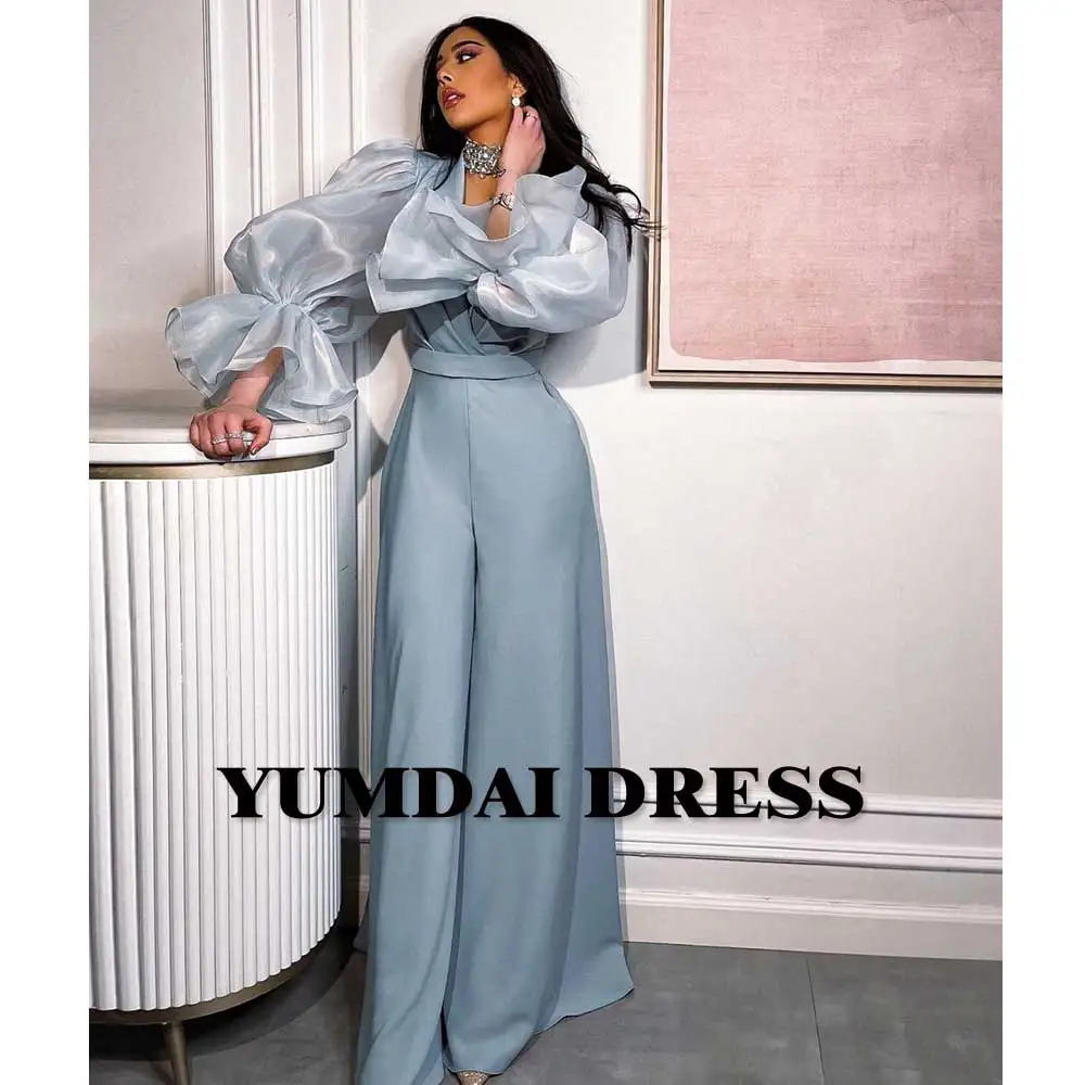 YUMDAI Premium Blue-gray Puffed Sleeve Romper Evening Dress Sweet Pink Birthday Pie Aligned Gown Long Sleeve Saudi Arabian Dress