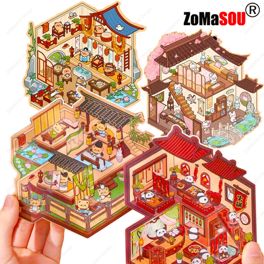 Cartoon Chinatown 3D DIY Sticker Playable Sticker Pocket Cabin Scene Stacking and Pasting Festival Birthday Gift for Kid Child