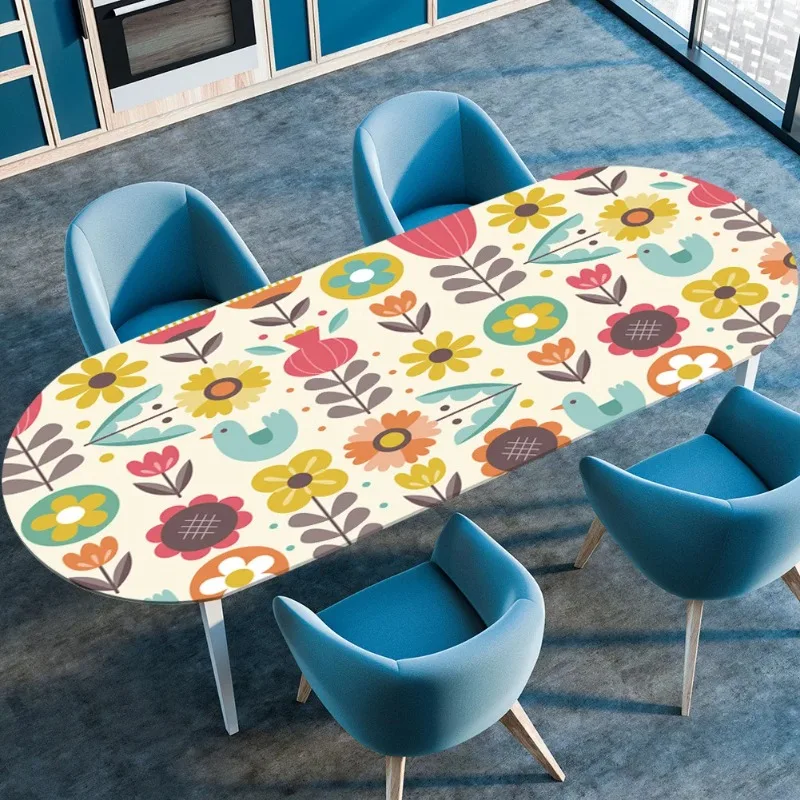Oval Elastic Coffee Table Cover Flower Printed Rustic Table Cloth Waterproof Oil-proof Dinner Tablecloth 122cmx173cm