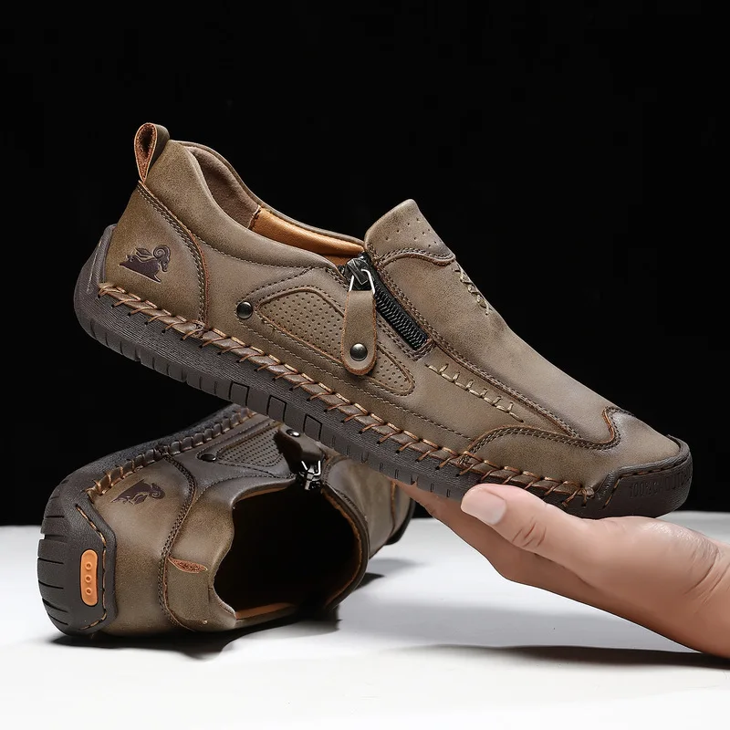 Hot Cross Border Hand Sewn Male Leather Loafers Slip On Flat Low Cut Outdoor Casual Large Size Comfort Driving Footwear