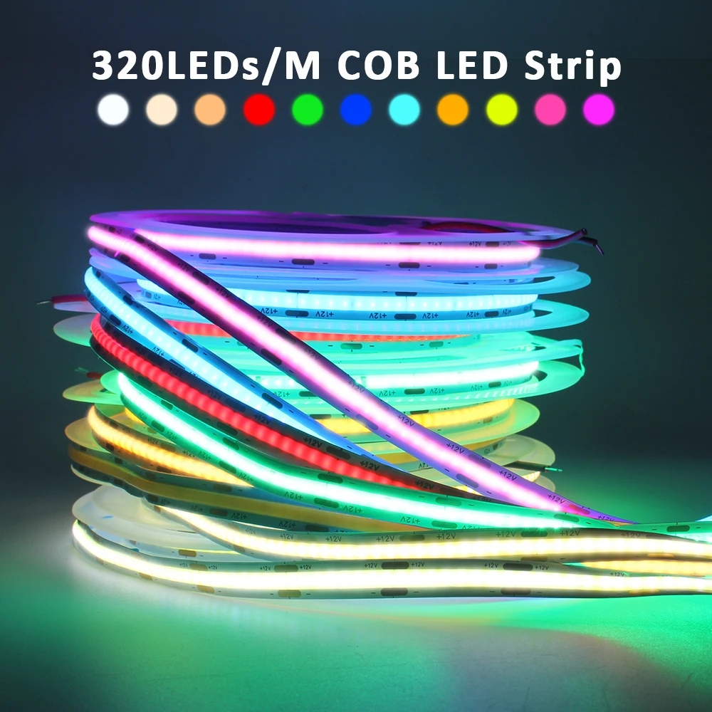 

5M COB LED Strip Lights 12V DC 320LEDs/m High Density Flexible Ribbon Warm Cool Natural White Colorful Tape Lighting Room Decor