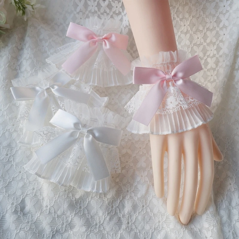 Sweet Lolita Girls Wrist Cuffs Women Lovely Bowknot Pleated False Cuffs Cosplay Maid Pleated Decorative Sleeve Wrist Ornaments