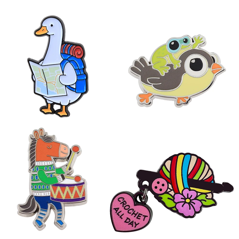 Cute Traveling Goose Enamel Pins Cartoon Frog Riding Bird Horse Drumming Brooches Funny Animal Lapel Badges Backpack Jewelry Gif
