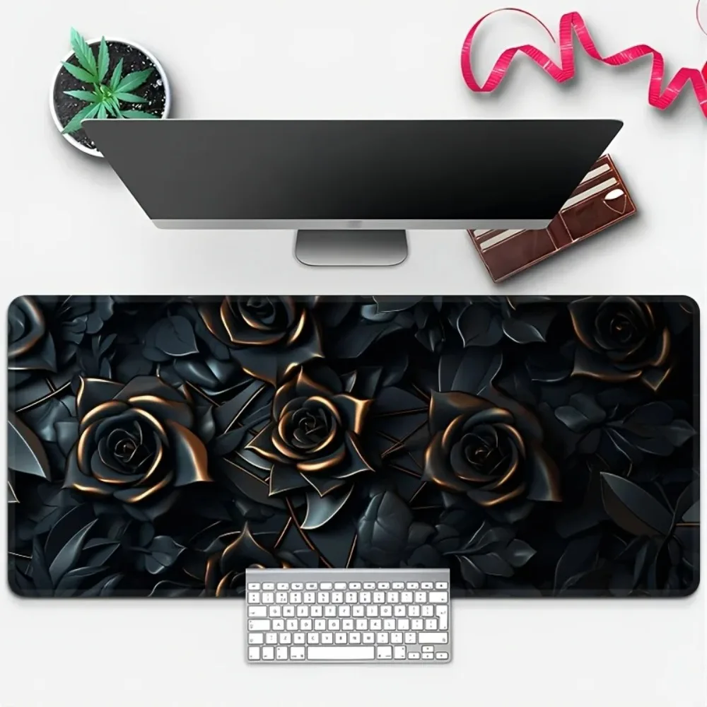 CIFBUY Black Rose Metal Mouse Pad Oversized Rectangular Desk Mat Non Slip Rubber Base HD Gaming Keyboard Office Rug Mat