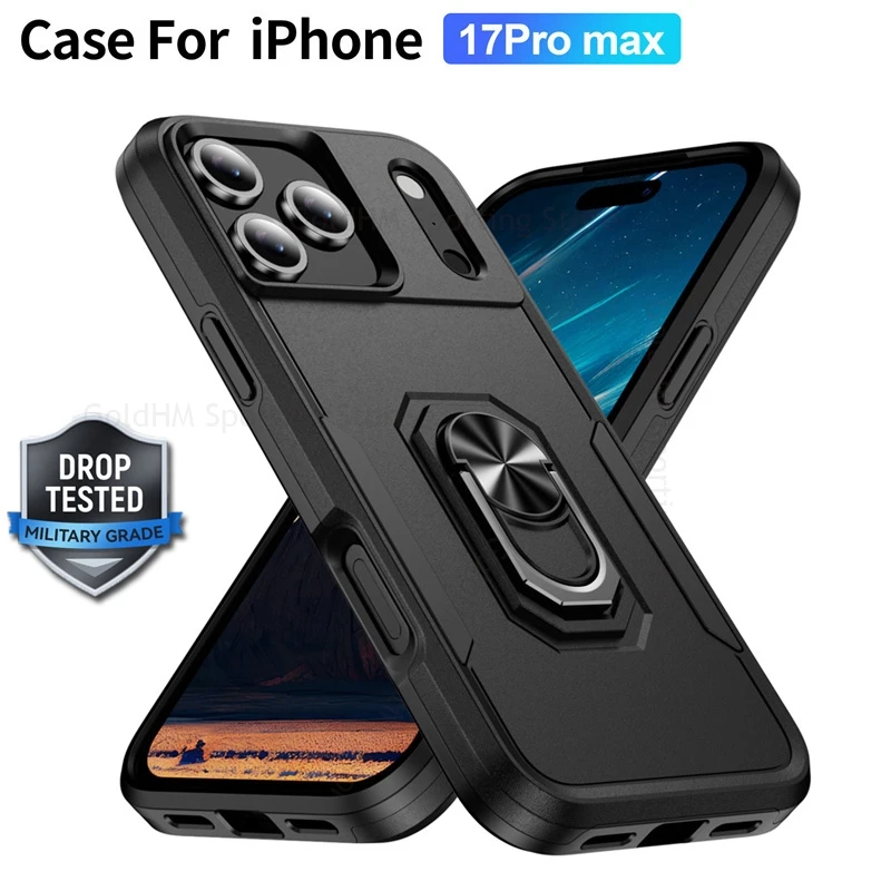 

Military Grade Rugged Hybrid Armor Case For iPhone 16 15 17 Pro Max Magnetic Ring Stand Heavy Duty Cover For Apple 17 Air 16e 15