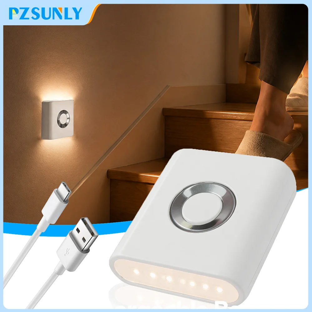 

4PCS Motion Sensor Light LED Type C Rechargeable Wireless Night Light For Bedroom Staircase Hallway Indoor Lighting Closet Light
