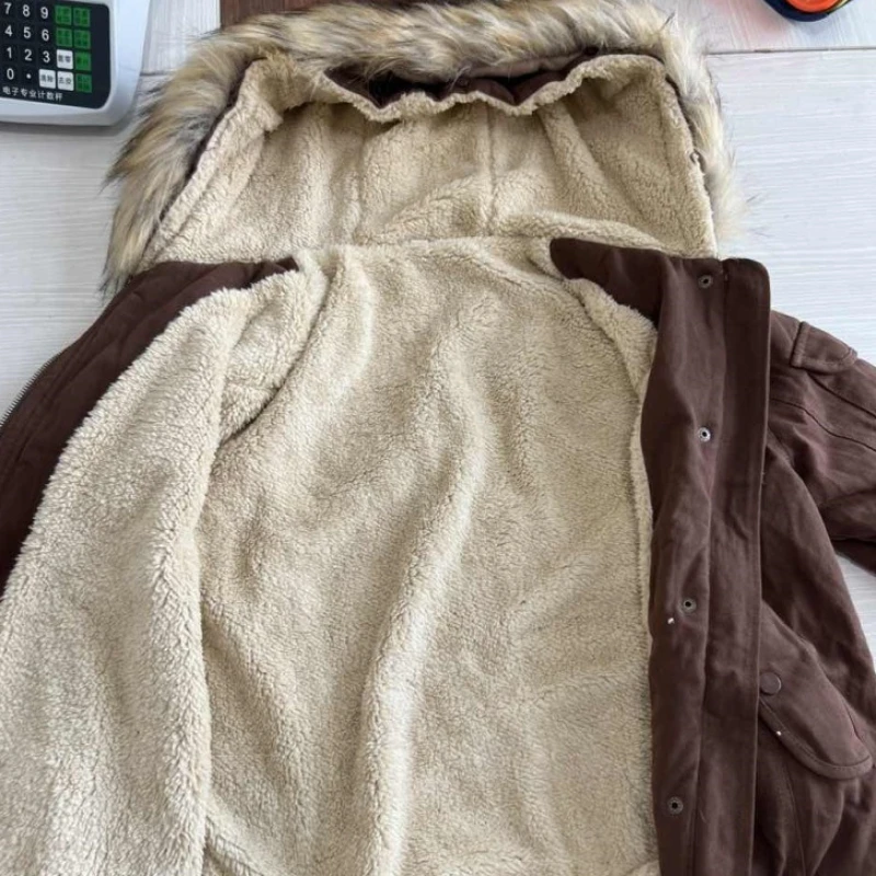 Jaqueta curta com capuz e zíper, gola de pele destacável, casaco sólido, inverno grosso, jaquetas femininas, solto, forrado de lã, casaco quente com zíper